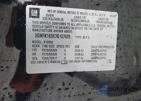 2007 Chevrolet Suburban 1500 Lt z USA, uszkodzony, nr VIN 3GNFK163X7G127623